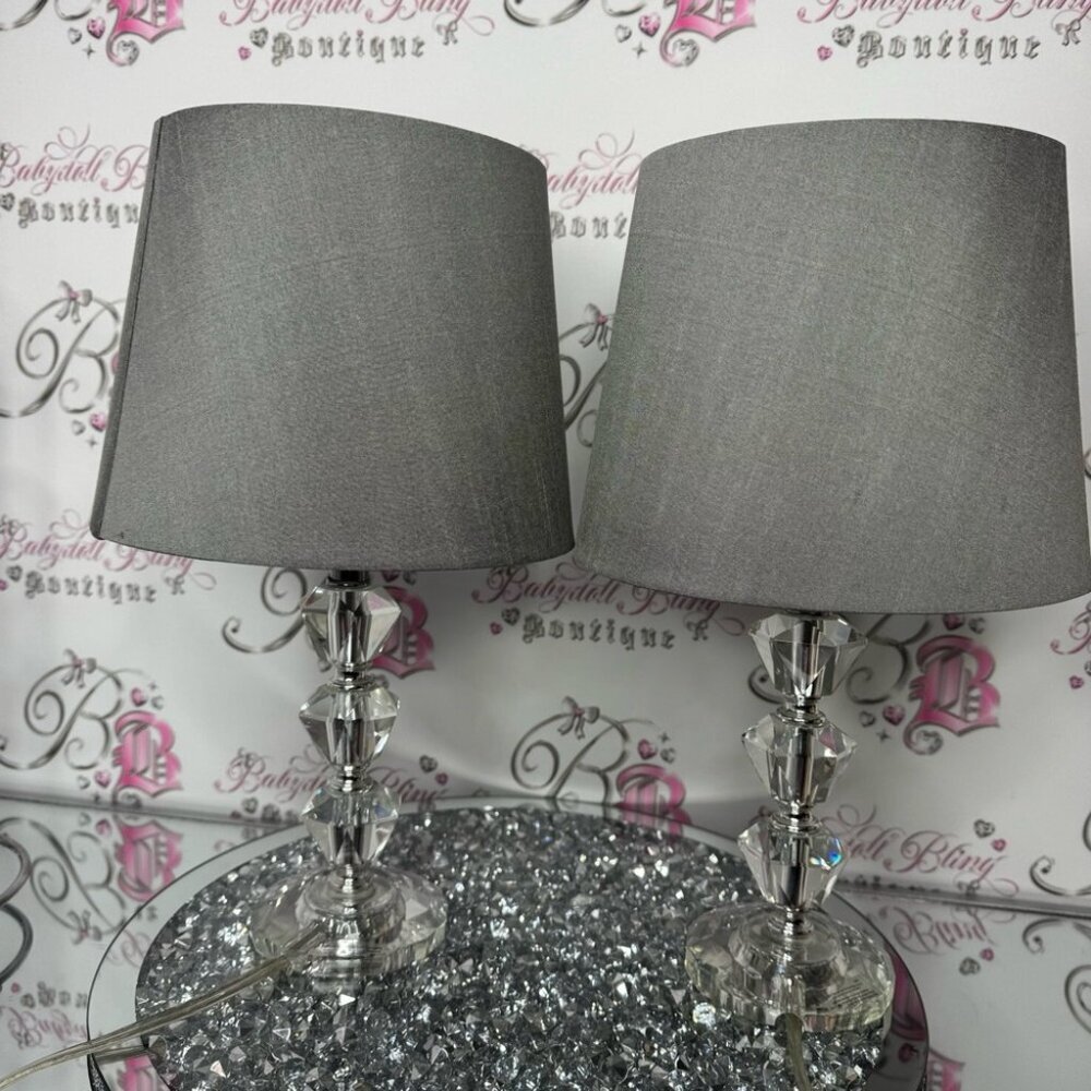 2 lamps crystal bases sparkly crystals grey lamp shade plug in wall luxury
